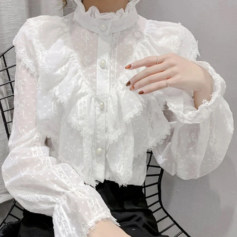 Fashion Long Sleeve Loose Chiffon Shirt Korean Style Ruffle Stitching Lace Blouse Elegant Stand Collar Pleated Tops Blusas 15832