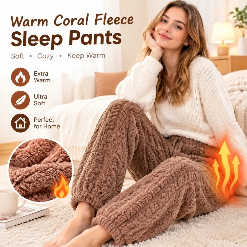 Cozy Coral Fleece Thermal Sleep Pants Thickened Loose Fit Cable Knit Trousers Soft Solid Color Fleece Home Pants Cold Weather