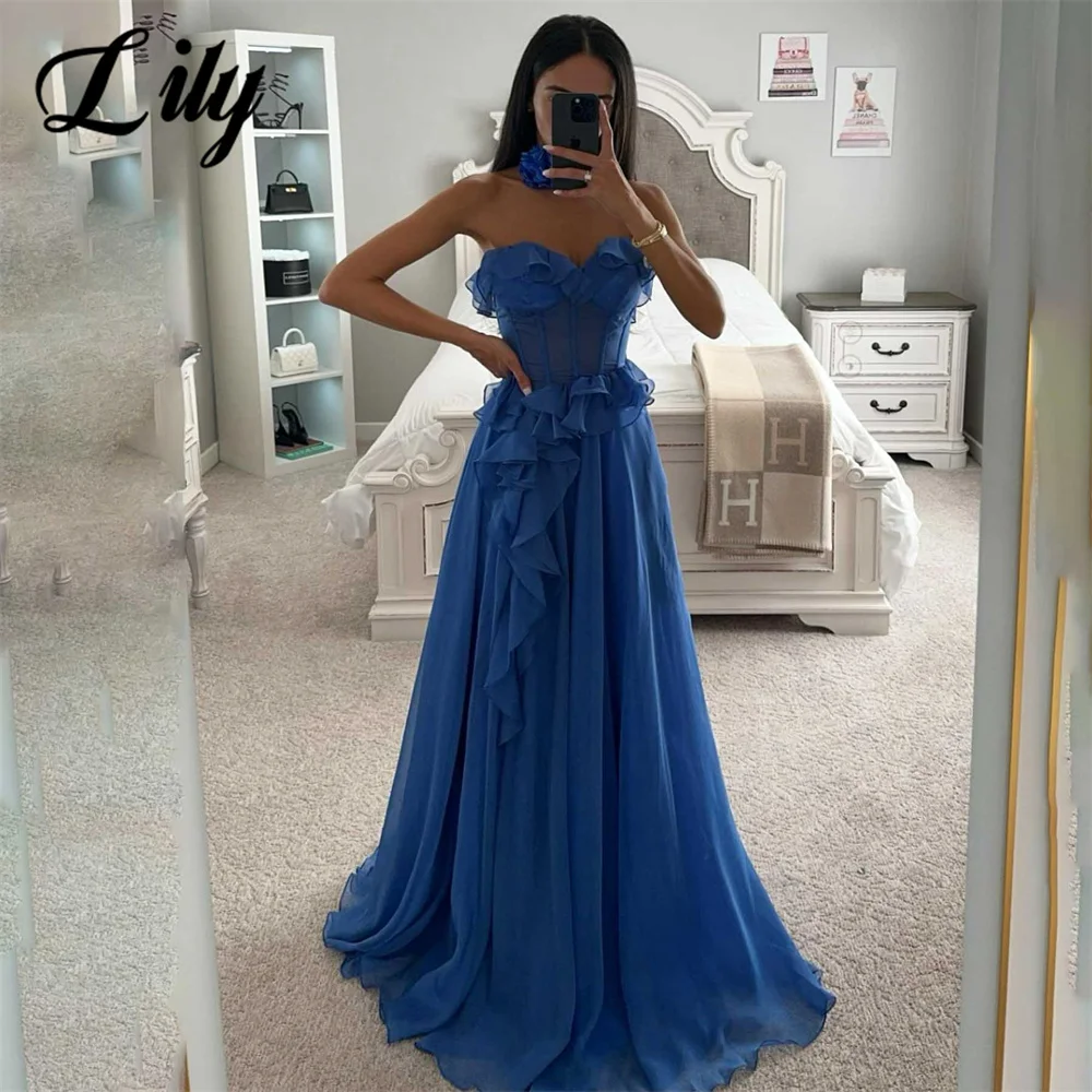 

Lily Simple Blue A Line Formal Dress Tiered Sweetheart Party Dress with Pleats Sleeveless Special Occasion Dress robe soirée