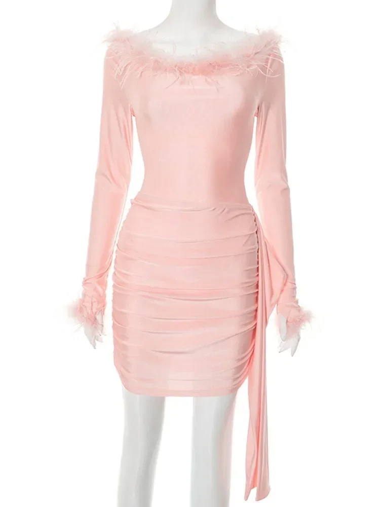 Laxsesu plume à manches longues robe Sexy ensemble femmes épaules dénudées sans bretelles body et jupe correspondant ensembles femme deux pièces ensemble