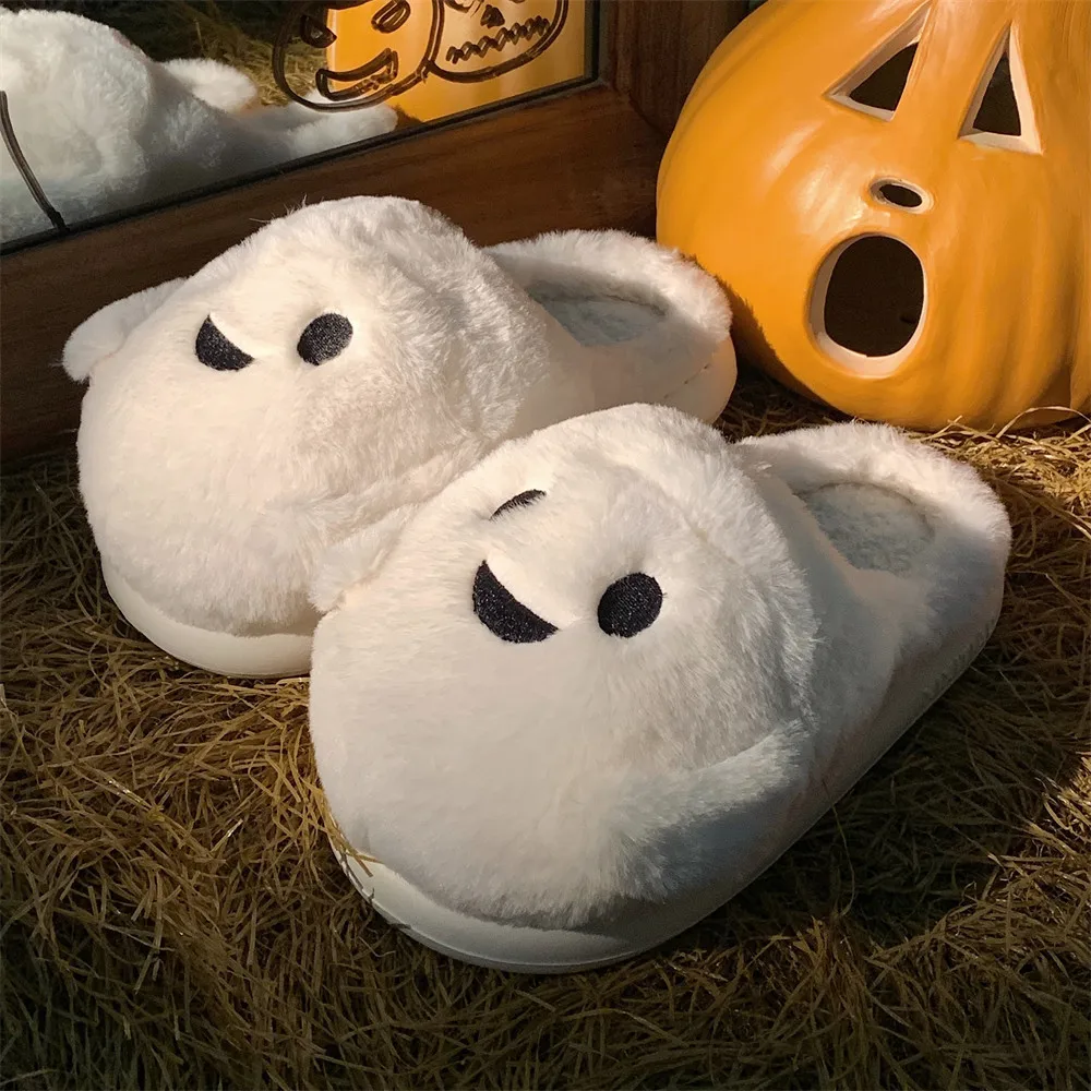 New women's fluffy slippers cute cartoon little ghost winter warm shoes soft plush lightweight women's men's household slippers