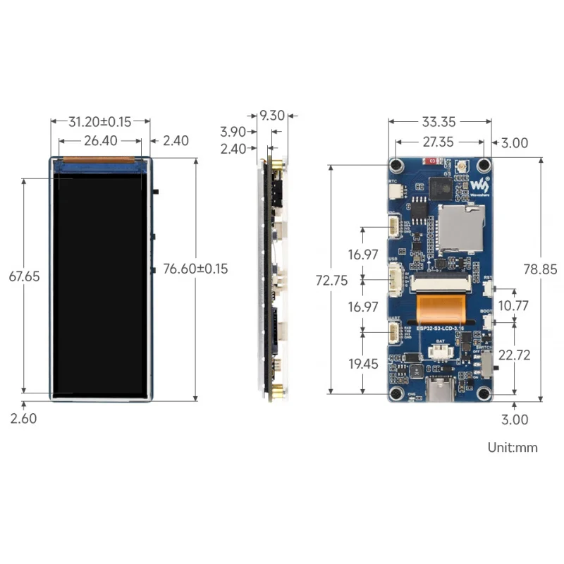 

SKU-31786 Waveshare ESP32-S3 3.16inch Display Development Board, 320×820 Pixels, 262K Color, 32-bit LX7 Dual-core Processor, Up