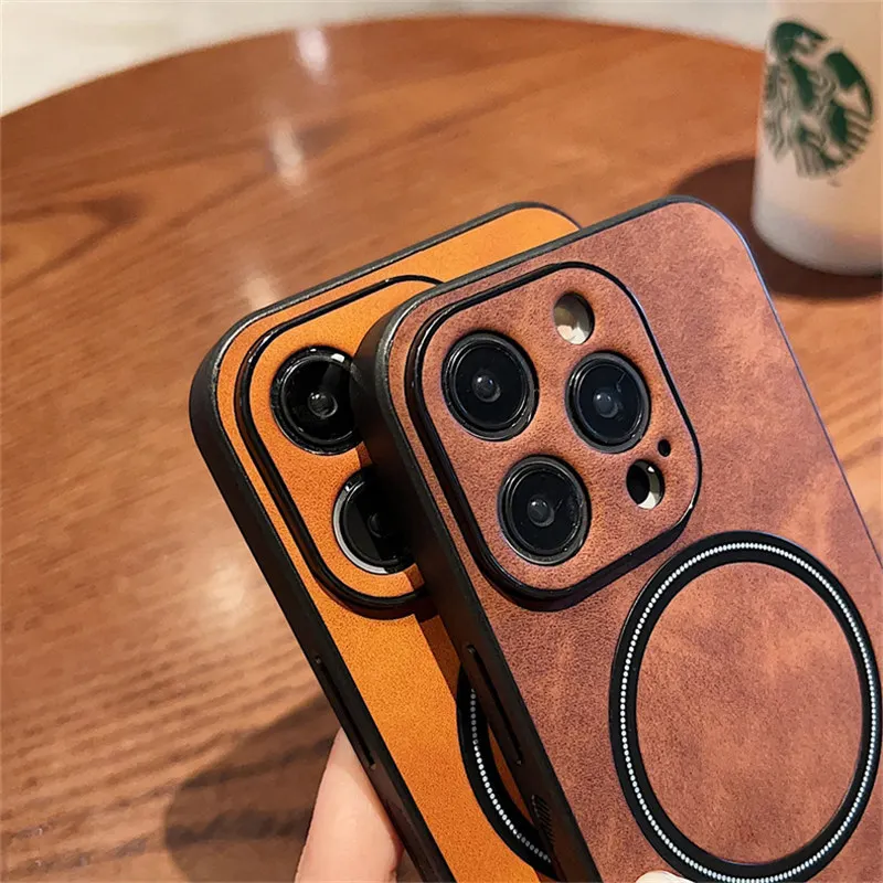 Luxury Wireless Charging Magnetic Cortex Leather Phone Case For iPhone 16 13 12 15 17ProMax 14Plus 18Pro Shockproof Bumper Cover