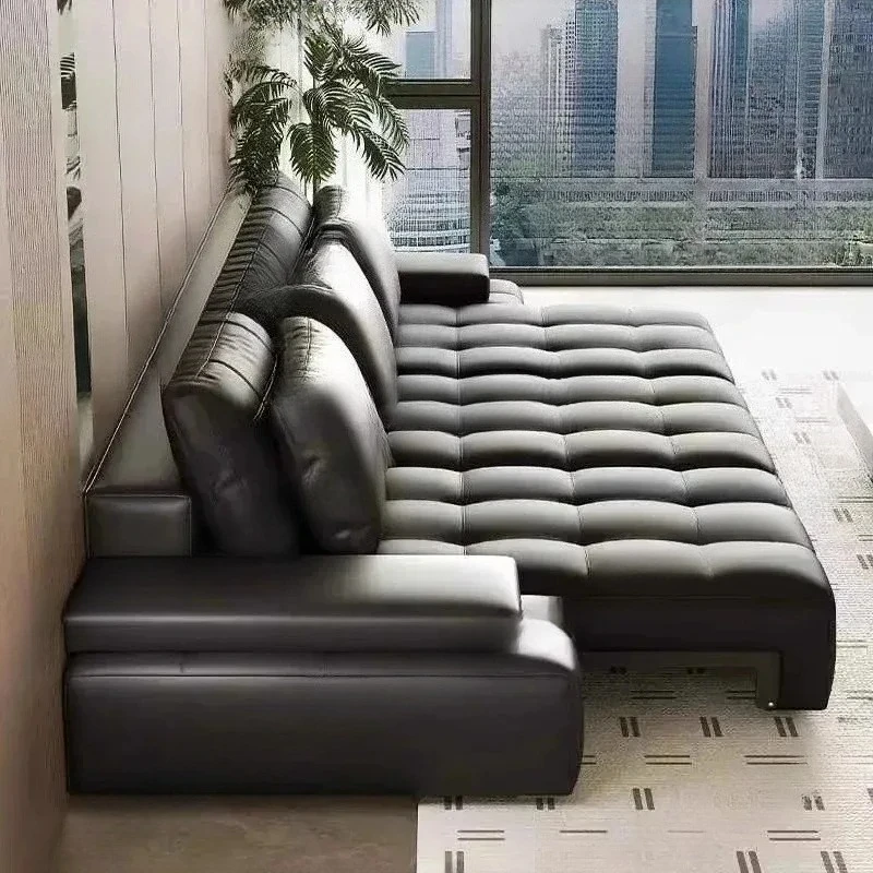 Lazy Convertible Sofa Bed Luxury Lawrence Genuine Leather Living Room Multifunctional Electric Sofa Straight Row Black Sleeper