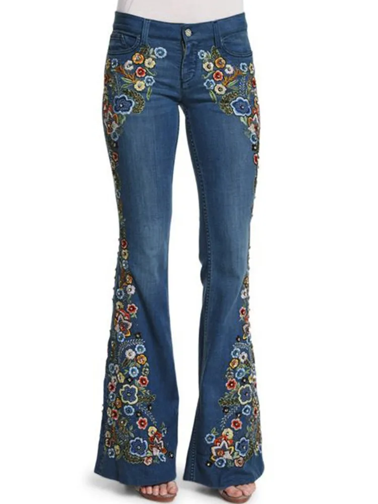 Plus Size Women\'s Jeans Vintage Flower Embroidery Slim Flared Jeans Trousers Fashion High Waist Versatile Casual Denim Pants