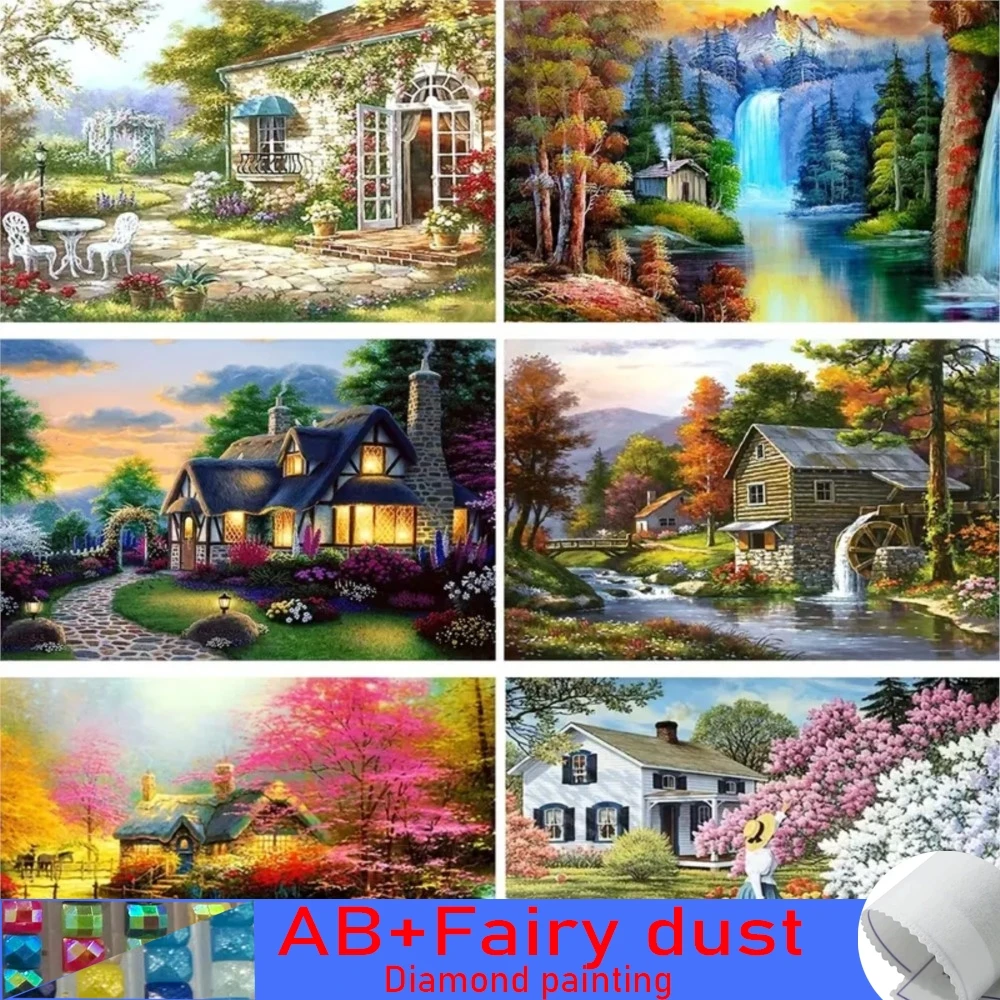 5D DIY 120 colors AB Fairy Dust Diamond Painting Landscape Pictures The Mountains Lake Forest Hut Photos Handwork Mosaic Flower