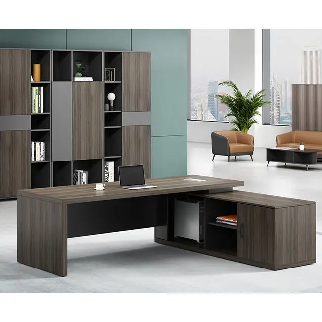 Luxury Modern L-Shaped Executive Office Desk Side Cabinet Wood Grain Commercial CEO Workstation Cable Management Large Desk - view 2