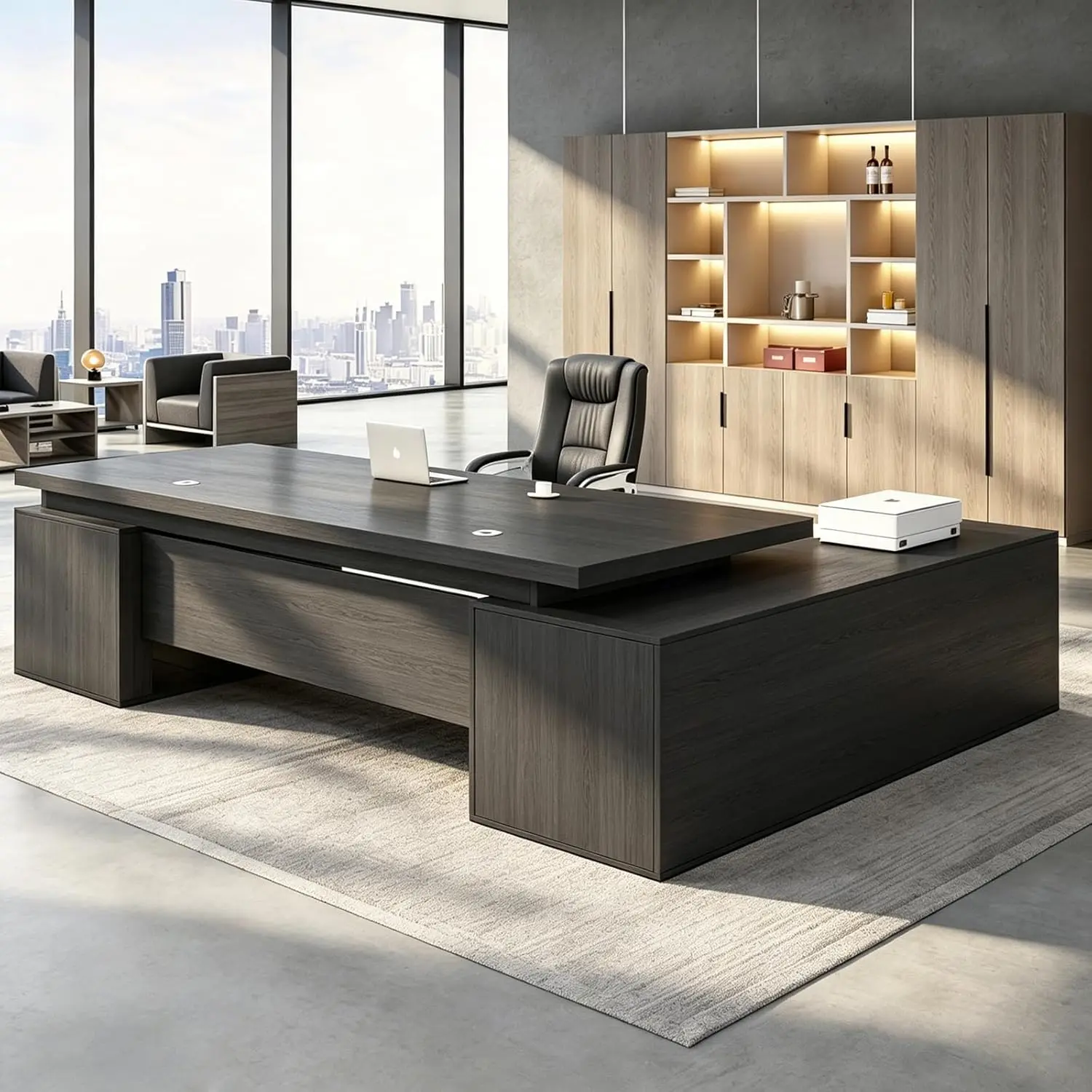 

Executive L Shaped Office Desk Solid Wood Thick Top Lock Drawer Side Cabinet Wire Holes Home Office, Customized