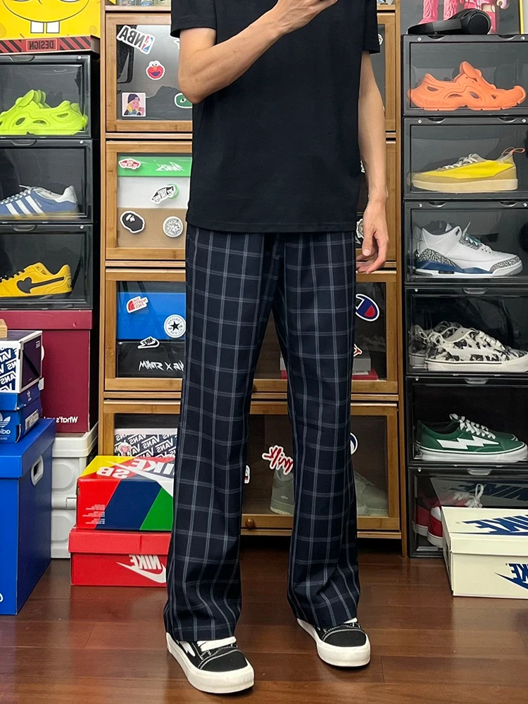 

Легкие синие мужские летние повседневные брюки в клетку свободного кроя с прямыми штанинами, удобные спортивные брюки для молодежи