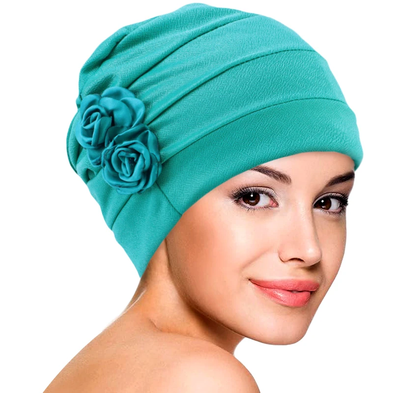 New Women Solid Colors Flower Decro Turban Cap Beanies Muslim Hijab Soft Head Cover Hair Loss Cancer Chemo Hat Islamic Head Wrap