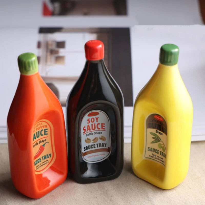 Ceramic Bottle Shaped Plates Soy Sauce Dish Creative Sauce Dish Salad Dressing Ketchup Seasoning Plate Table Decoration Creative