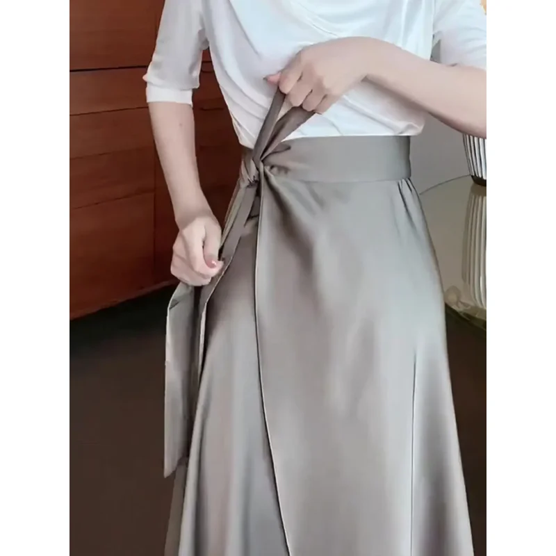 

Summer New Stylish Elegant Commuter Solid Color Skirt Slim Fit One piece Lace up Design High Waist A-line Midi Skirt for Women