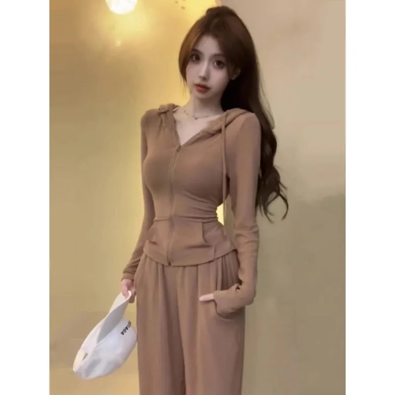 

Korean Spice Girl Sports Plus Size Woman Clothes Outfits Autumn New Fashion Slim-fit Jacket Casual Wide-leg Pants Two-piece Set