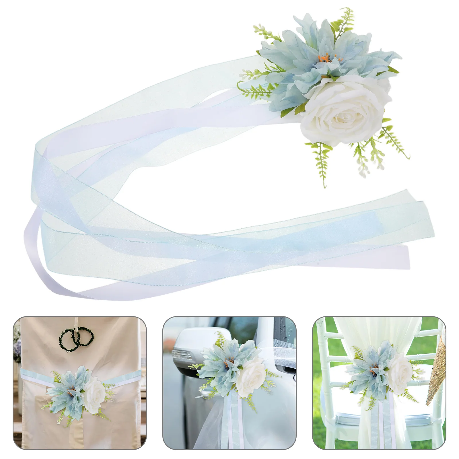 

Wedding Car Flower Decor Artificial Silk Hydrangea Ribbon Faux Floral Arrangement Chair Back Flowers Wedding Ceremony Decor