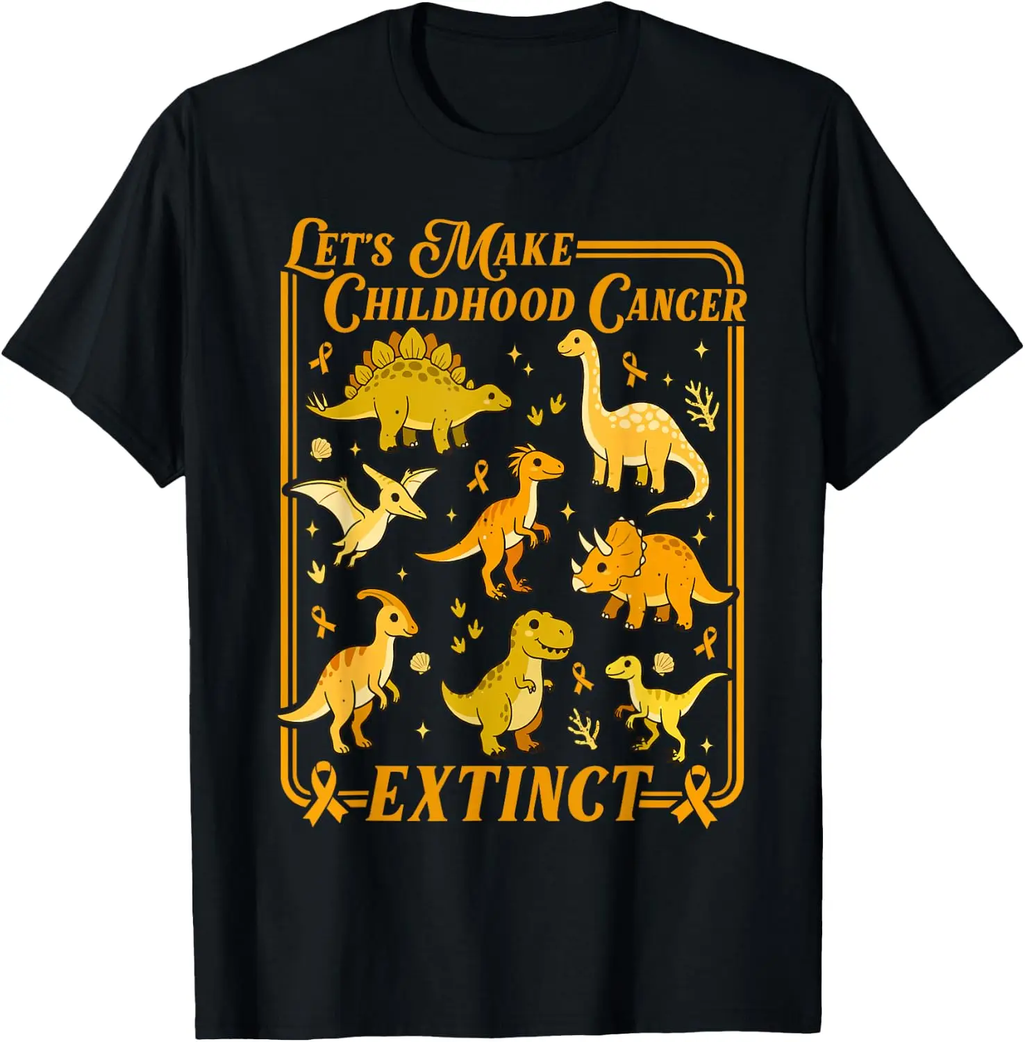 Let's Make Childhood Cancer Extinct Dinosaur Gold Ribbon T-Shirt Novelty Unisex Graphic T‑Shirt, Creative [Your Graphic Design] Print Tee, 100% Cotton Breathable Crew Neck Casual Short Sleeve Top, Gift Choice For Friends Family Daily Party