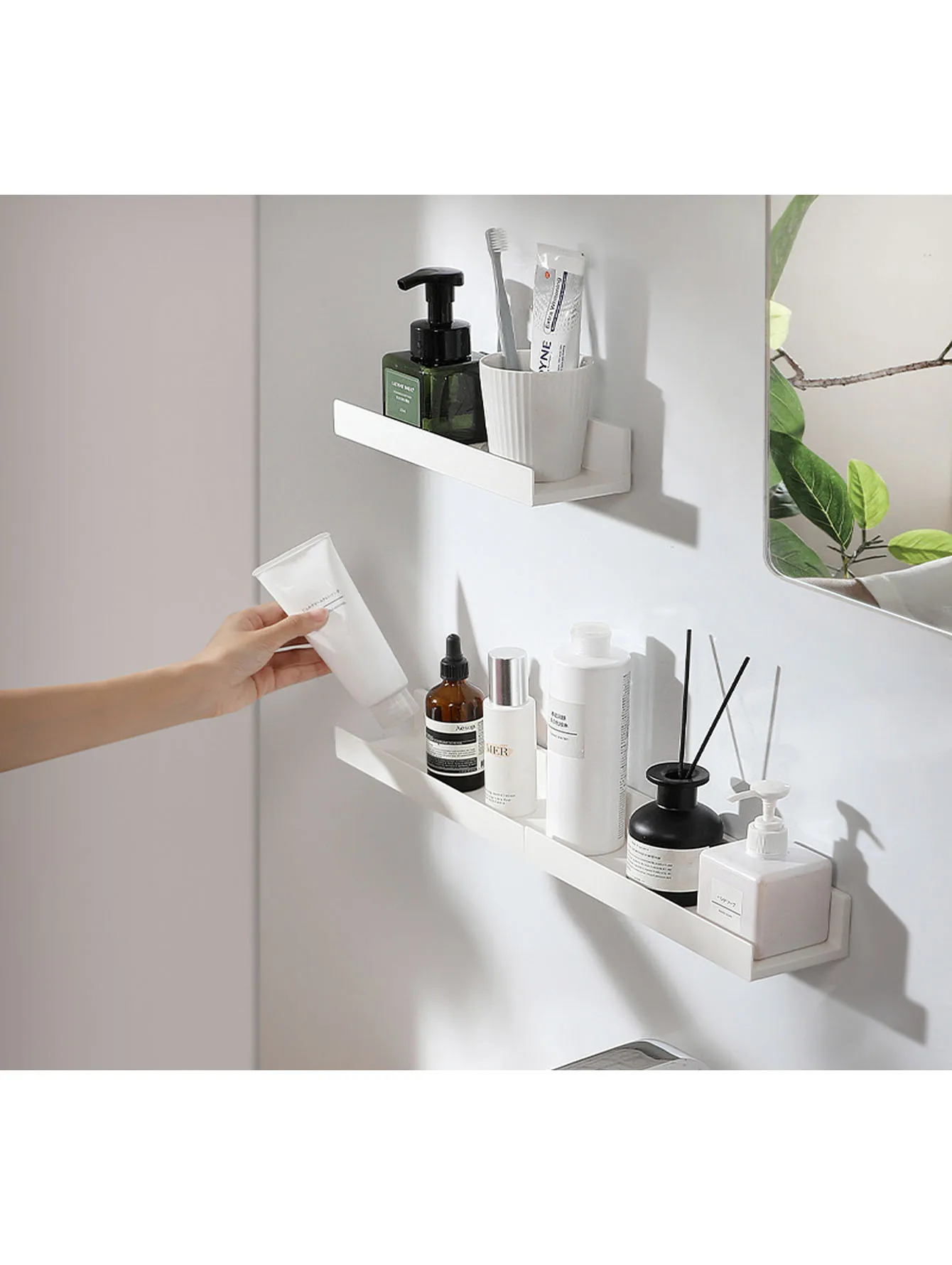 White/transparent no-drill floating shelf, thick plastic, space-saving, traceless for bathroom and kitchen storage.