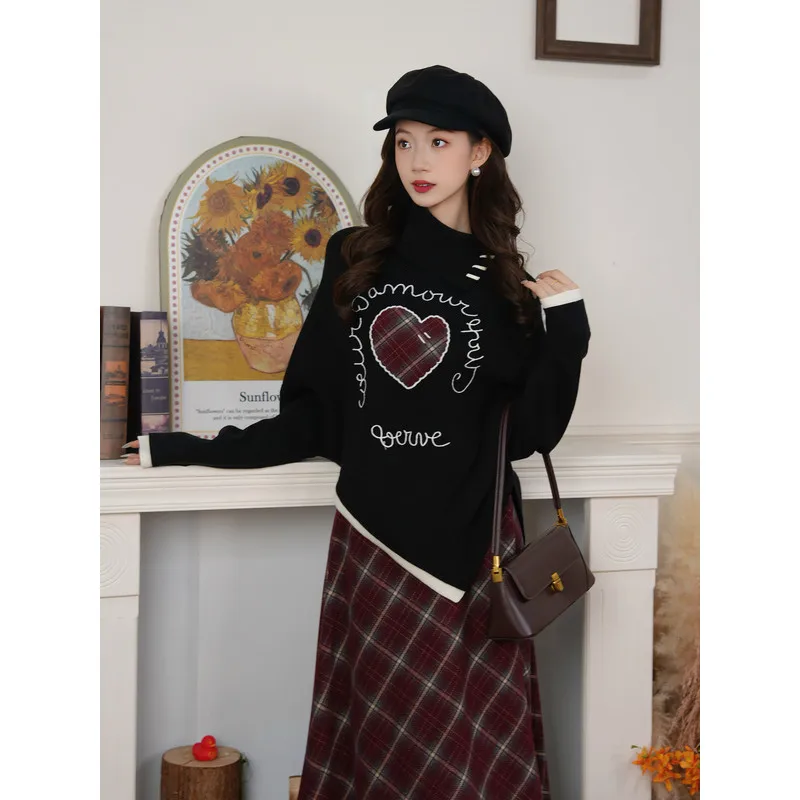 

Retro Plaid Diamond Skirt, Asymmetrical High-Waist Midi