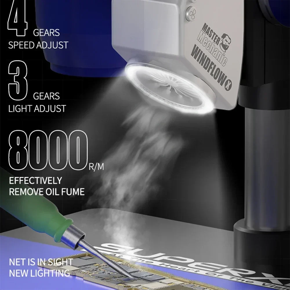 Imagem -02 - Mecânico Windflow x Exhaust Fan com Luz Poderosa Ferramenta de Escape de Fumaça Adequado para Microscópios Soldagem e Reparo de Telefone Pcb