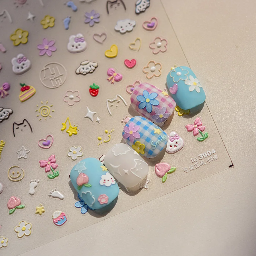 Cartoon Flowers Cute Bowknot Heart Colorful Daisy Peach Blossom Rhinestones Self Adhesive Nail Art Decoration Stickers Manicure