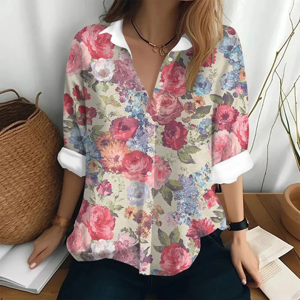 Summer Women\'s Shirt Long Sleeved Lapel Top Flower Pattern Casual Oversized Button Clothing Women Elegant and Fashionable Shirt