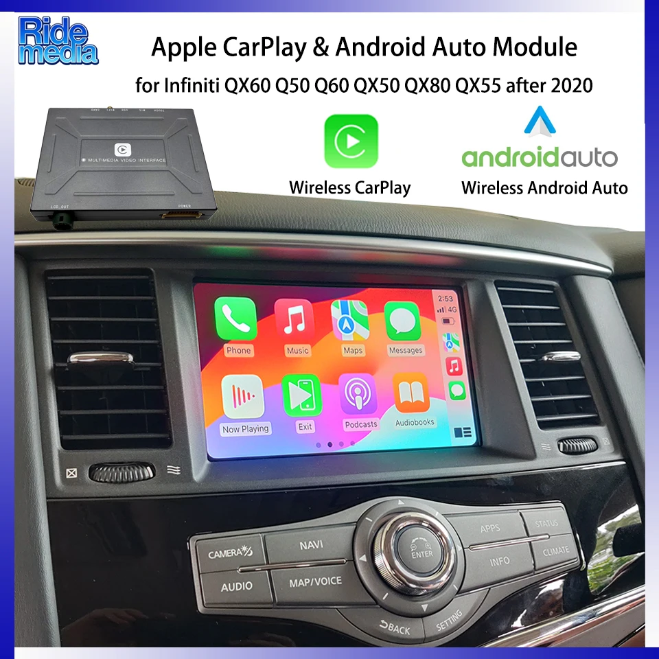 RideMedia Phone APPS Podcasts Android Auto Dongle Aftermarket CarPlay Kit for Infiniti Q50 Q60 QX50 QX80 QX60 After 2020