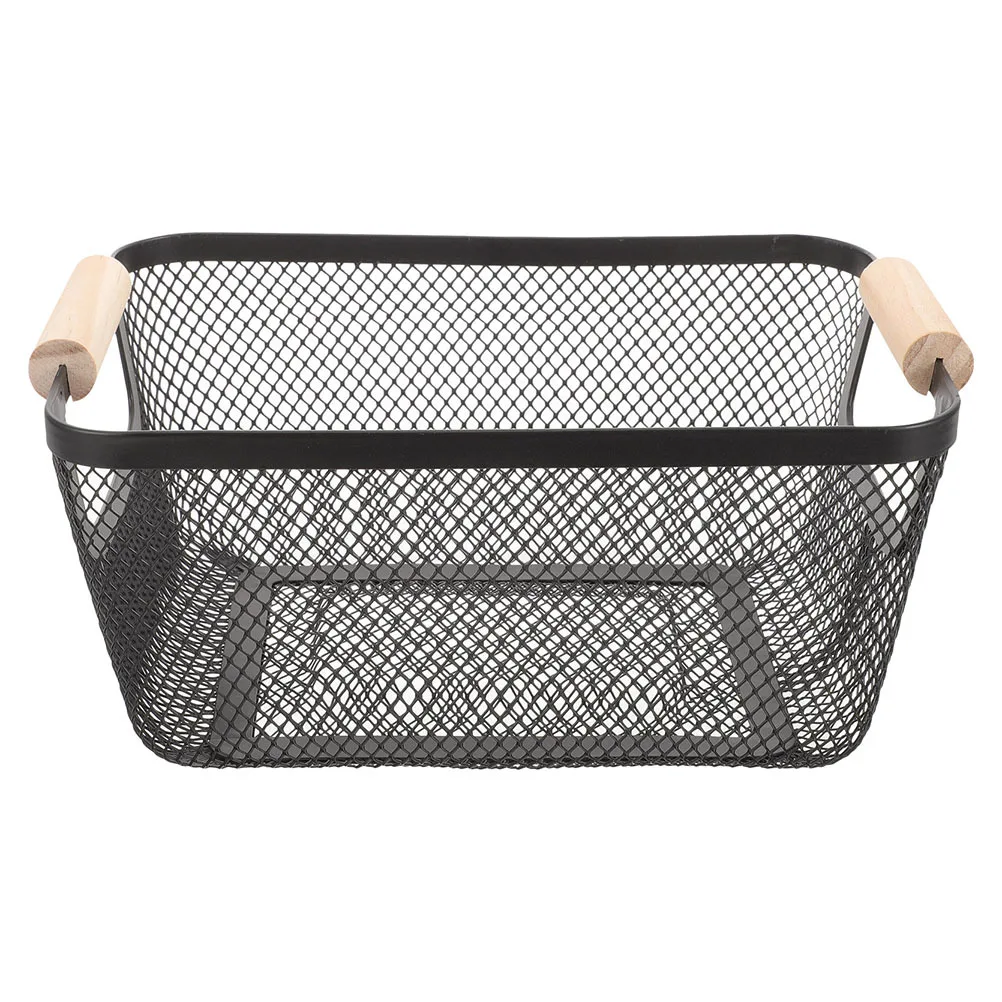 

Iron Wire Storage Basket with Wood Handles Nordic Style Rectangular Organizer for Kitchen Pantry Fruit Vegetable Storage