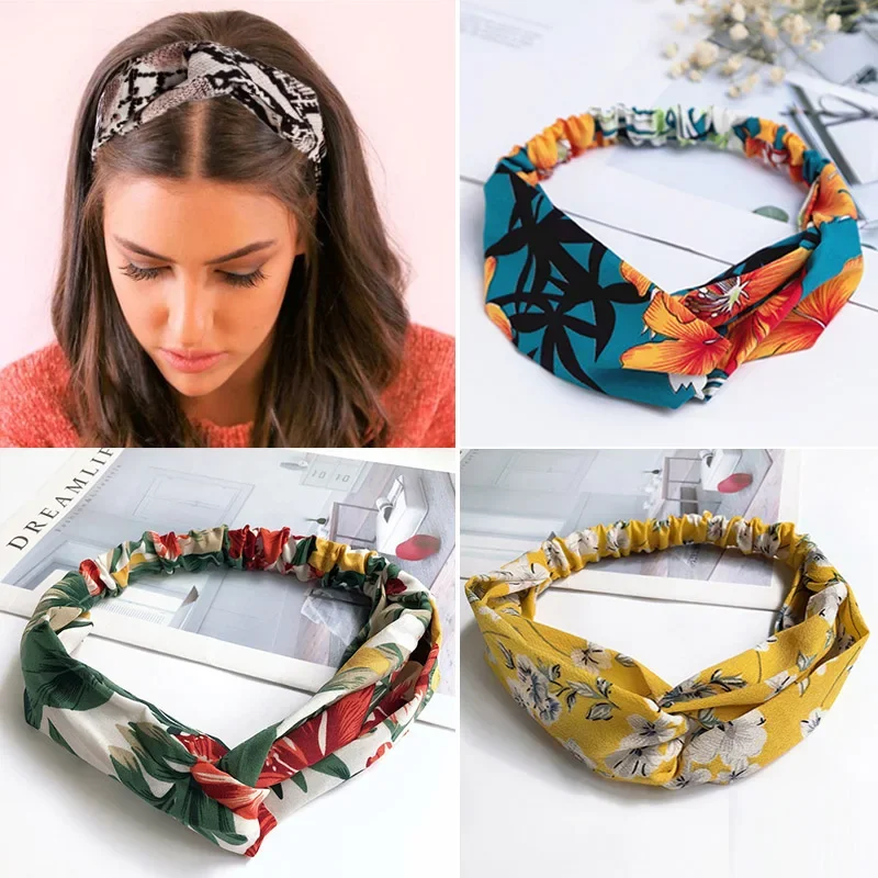 2024 Fashion Cross Knot Headbands Flower Print Elastic Hair Bands Ties Scarf Ribbon Headwear Women Hair Accessories Head Wrap