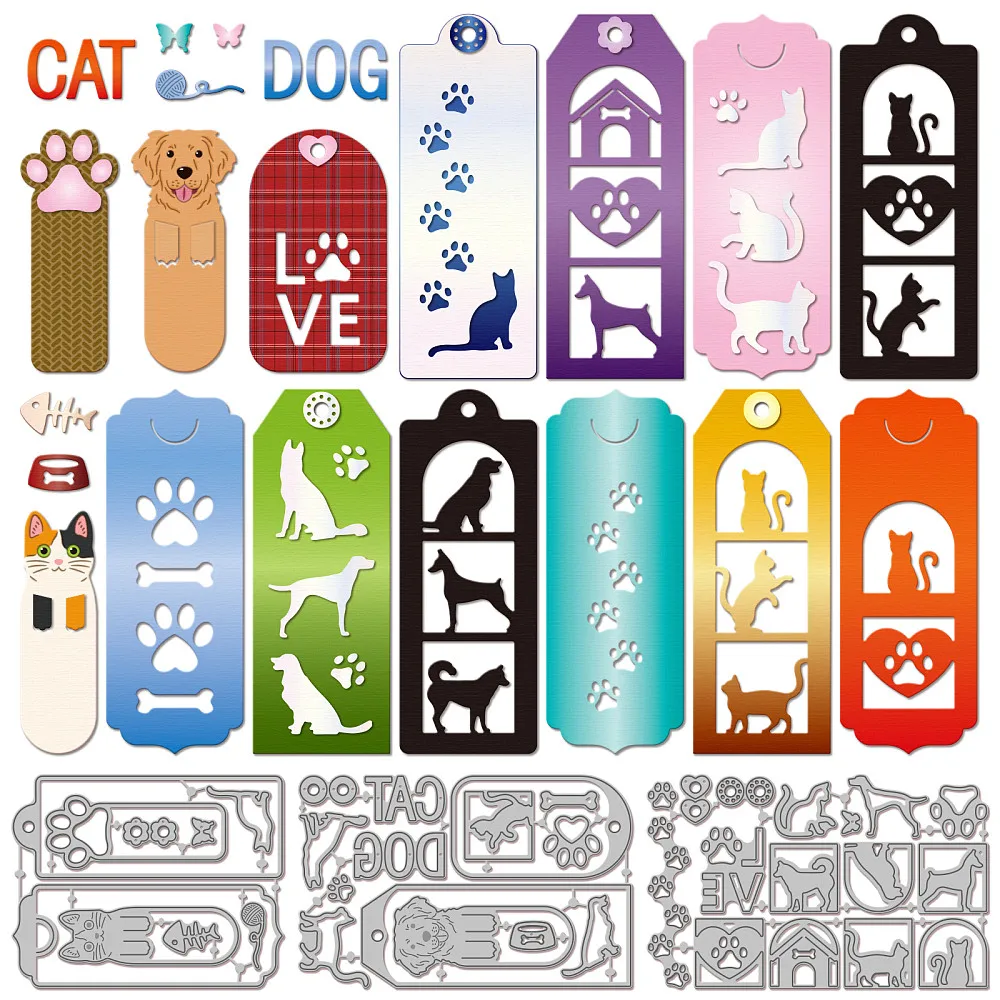 Lesezeichen mit Katzen- und Hundemotiv, Schneideformen aus Kohlenstoffstahl, Schablonen für DIY-Scrapbooking, Fotoalbum, dekorative Prägung, Papierkarten