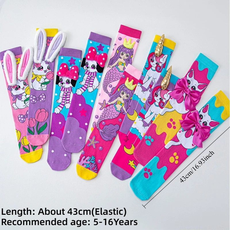 Kinder Lange Socken Leuchtende Farben 3D Cartoon Meerjungfrau Hase Mädchen Baumwollsocken 5-16 Jahre Kinder Kniestrümpfe Mädchen Geschenk – Detail 2