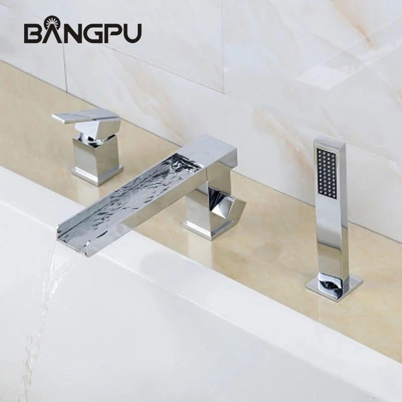 

Deck Mount Roman Waterfall Tub Faucet Bathroom Tub Faucet with Handheld Shower 3 Hole Bathtub Faucet Set with Hand Shower Chrome
