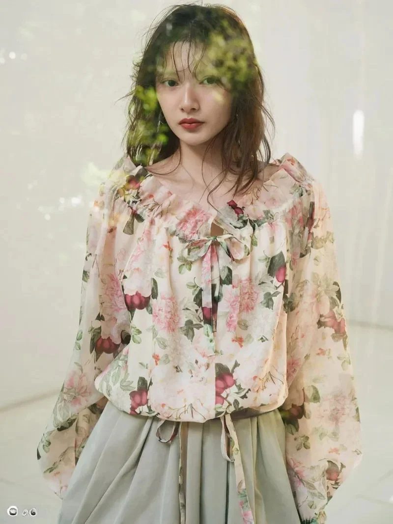

Spring Summer New Japanese Style Floral One Shoulder Chiffon Long Sleeve Shirt Bow Tie Blouse Lantern Sleeve Breathable Women...