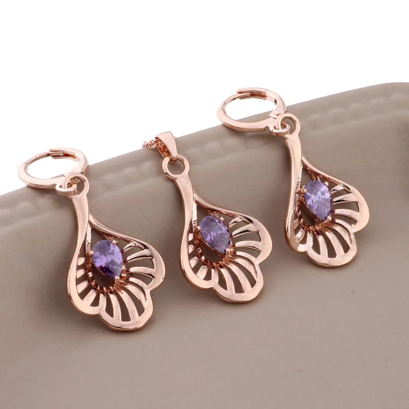 New Shiny Purple Natural Zircon Drop Earrings Set For Women 585 Rose Gold Color Wedding Vintage Jewelry Sets