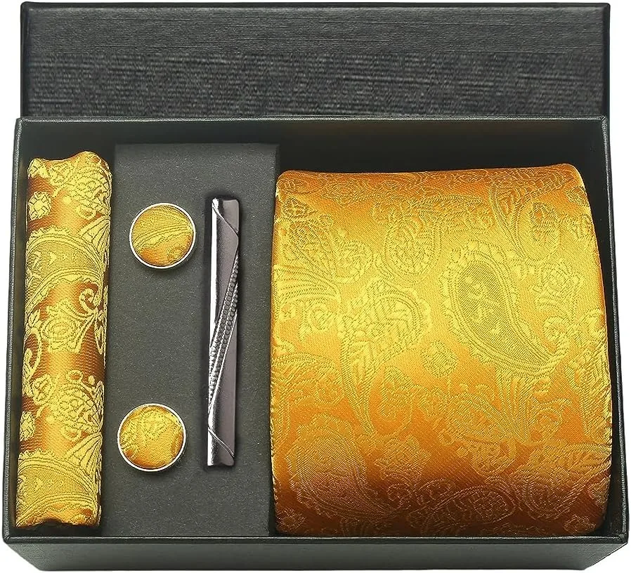 100 % Seidenkrawatte, Paisley-Blumenmuster, Herrenkrawatte, hochwertige Business-Krawatte, Einstecktuch, Krawattenklammer, Manschettenknöpfe-Set, klassisch, für Männer, Geschenkbox
