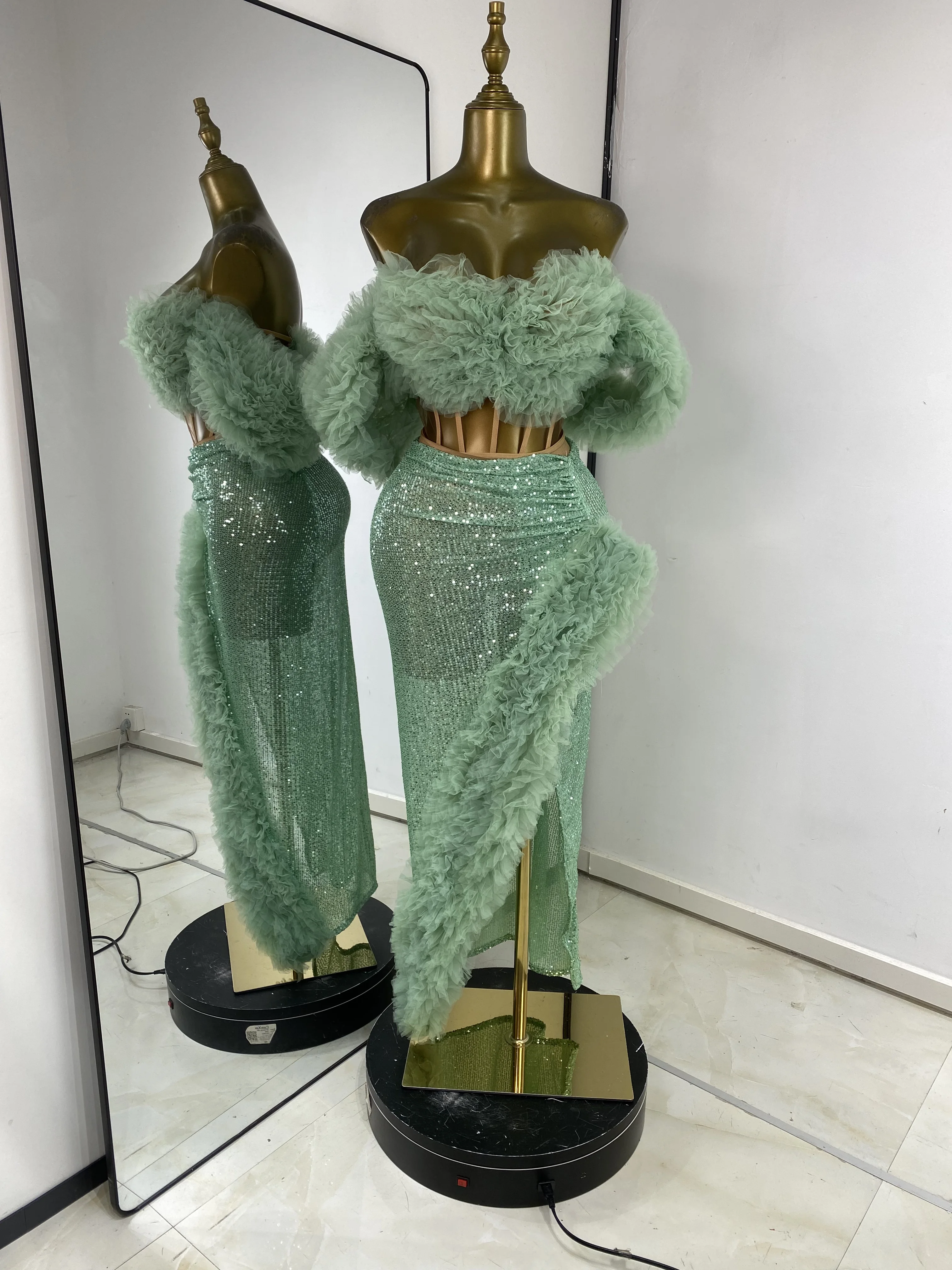 

Women Puff Outfits Evening Club Party Off Shoulder Corset Top And Long Asymmetric Sequines Skirt Birthday Photoshoot Dress