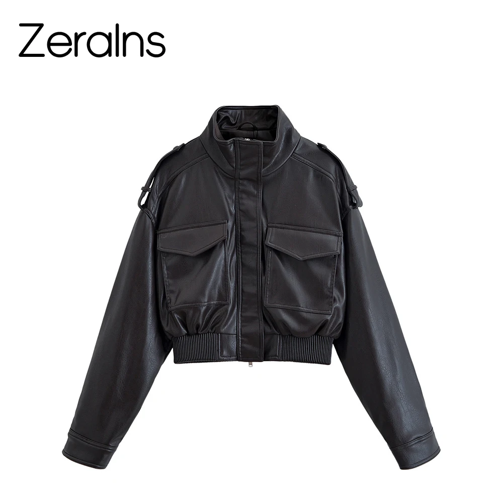 ZERAINS 2025 automne nouveaux vêtements pour femmes style rétro décontracté effet faux cuir col montant à manches longues veste courte