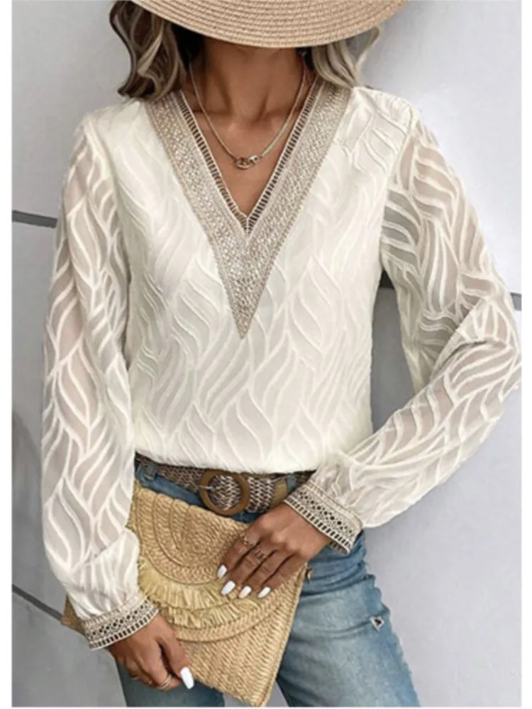 

Fashion Lace Solid Shirt Top For Women Casual V Neck Long Sleeve Pullover Shirts Tops Lady Holiday Womens Clothing Autumn New