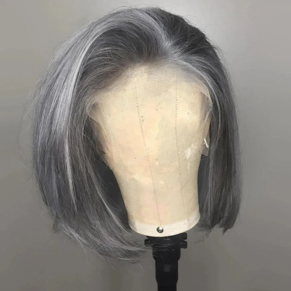 Grey Wig Straight Short Bob Lace Front Wigs Synthetic and blend 10 Inches Free Part Daily Party Cosplay Clearance for Women
