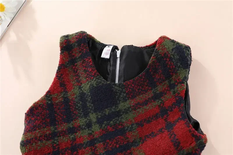 Kids Girls Woolen Dress 2024 New Arrival Autumn Winter Clothes Children Red Plaid Vest Dresses Casual Sleeveless Vest Dress