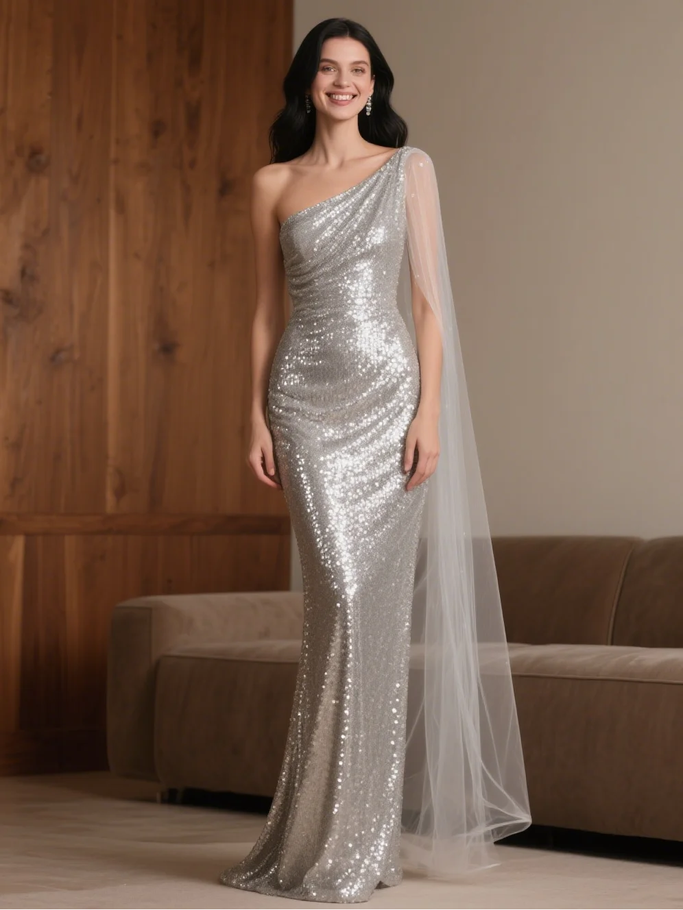 

Fashionable Elegant Mermaid Evening Dress One Shoulder Sleeveless Sequin Sweep Train Wedding Guest Dress 2025 free customized