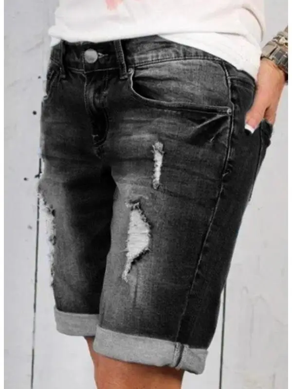 

High Waist Straight Leg High Elasticity Denim Women's Five-Point Pants Tear Design Commute Style Cotton Blend PU Fabric