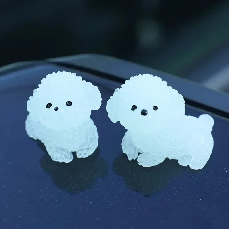 New Glow-in-the-Dark Resin Car Small Ornament Cute Puppy Bichon Frise Cars Center Console Decorations Mini Decorative Parts