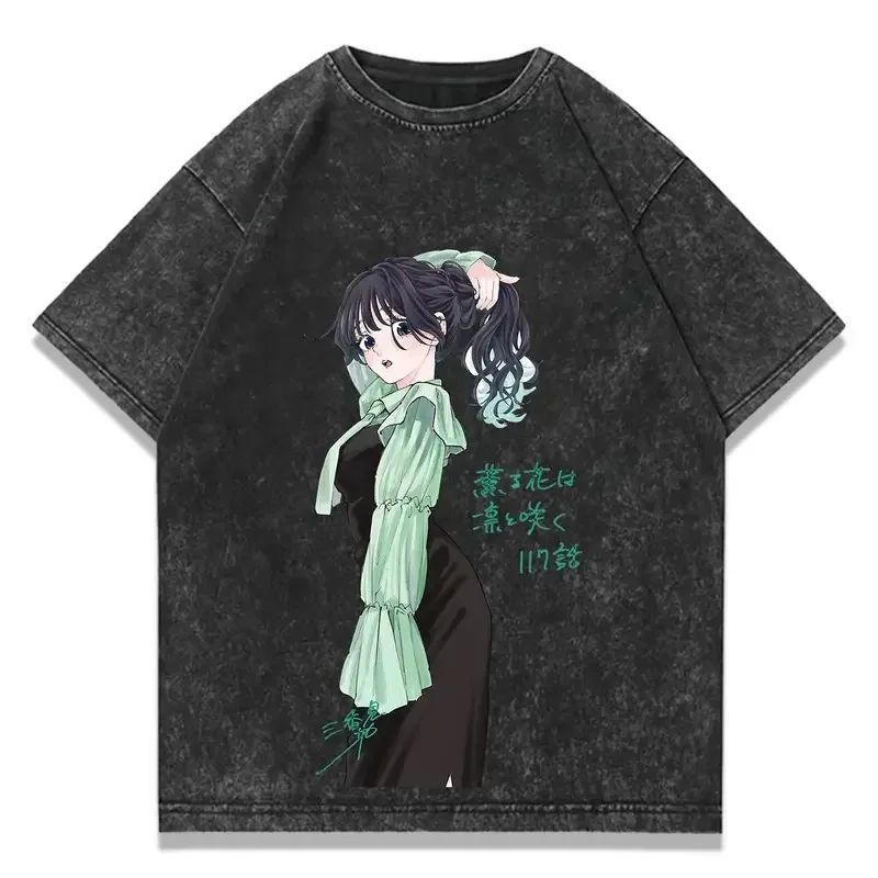 T-shirt unisexe grande taille pour les amateurs d'anime, motif 'La fleur parfumée fleurit avec dignité', effet délavé, vêtement polyvalent toute l'année, style affirmé