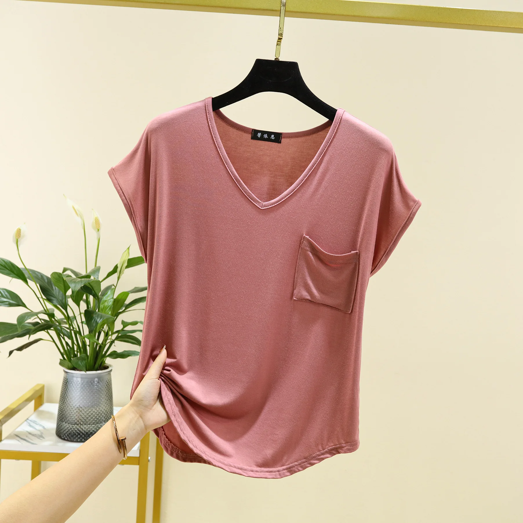 Women's Modal Summer Basic T-Shirt - Solid Color Korean Style Loose Fit Slimming Plus Size V-Neck Short Sleeve Top - Image 6