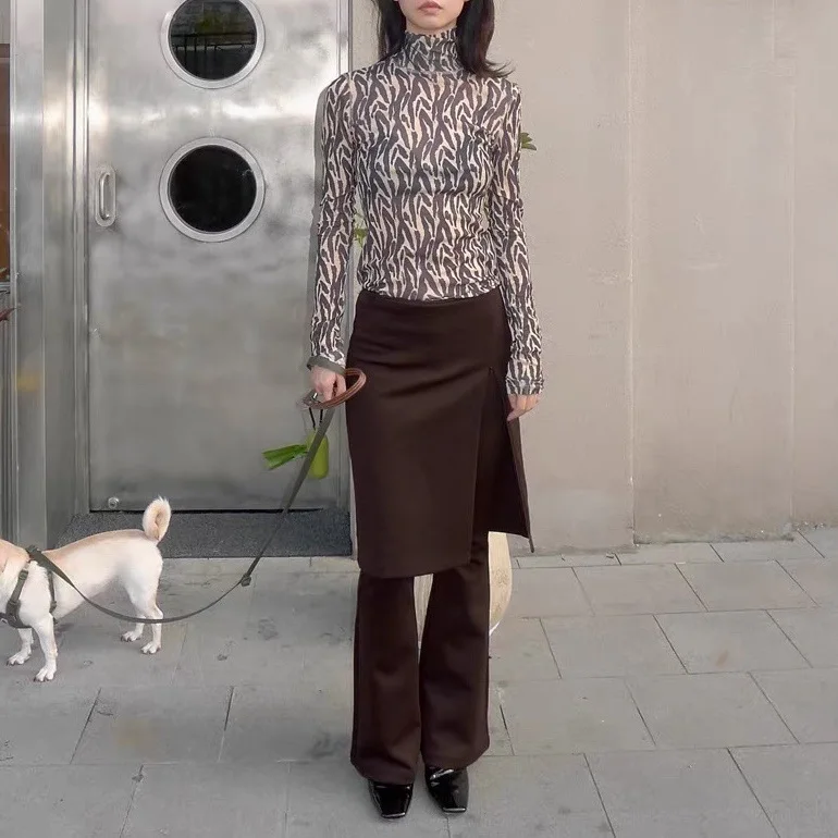 

2026 Autumn Winter New Melad Stretch Slimming Fake Two-Piece Knitted Slit Slim Flared Skirt Pants Slightly Flared Pants 88IG