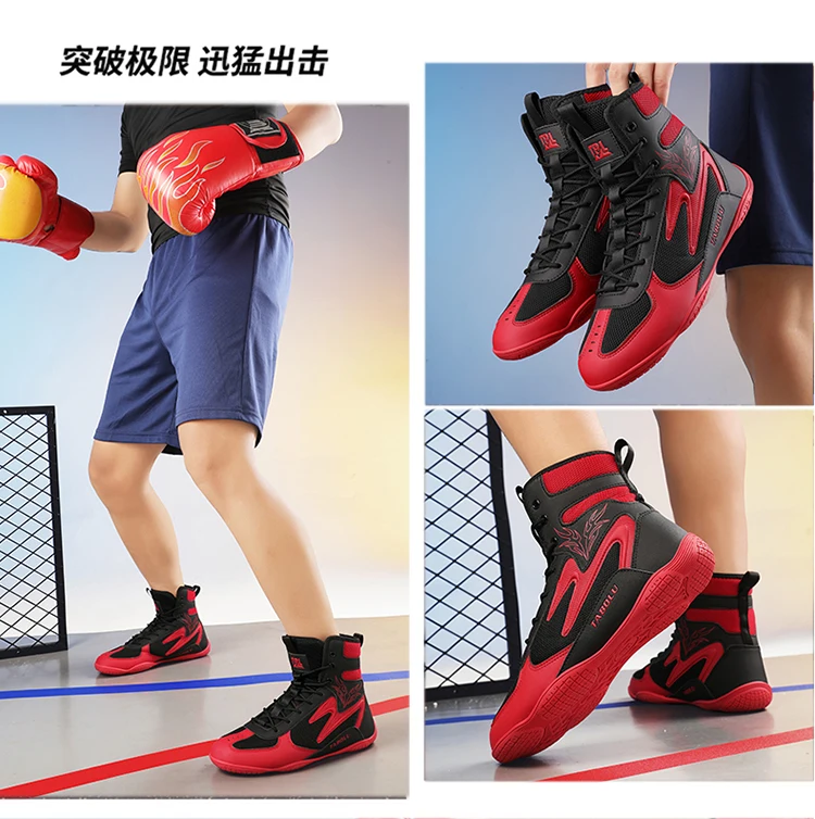 أحذية مصارعة خفيفة الوزن للرجال أحذية ملاكمة شبكية قابلة للتنفس أحذية ملاكمة للتدريب للرجال أحذية رياضية باللون الأسود والأحمر