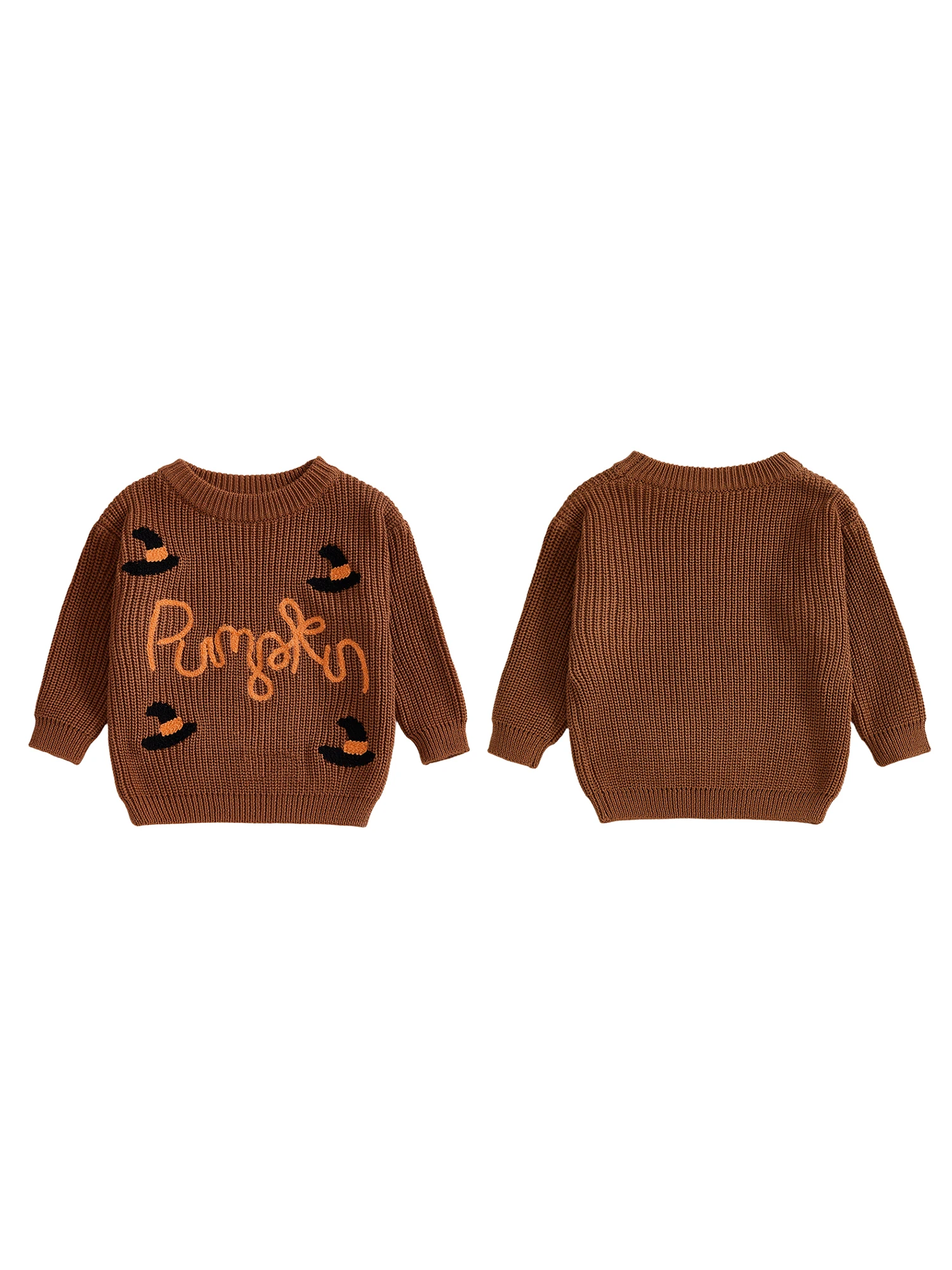 

Women s Halloween Knit Sweater with Long Sleeves and O Neck Featuring Embroidered Lettering and Witch Hat Design Cozy