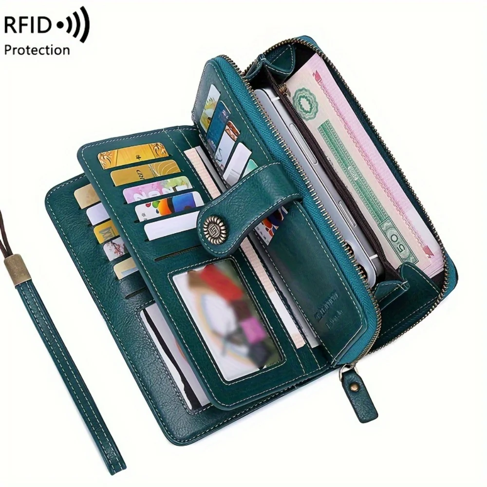 

Color Large-capacity Long Wallet, Vintage Multifunctional Coin Purse With Zipper & Wristband