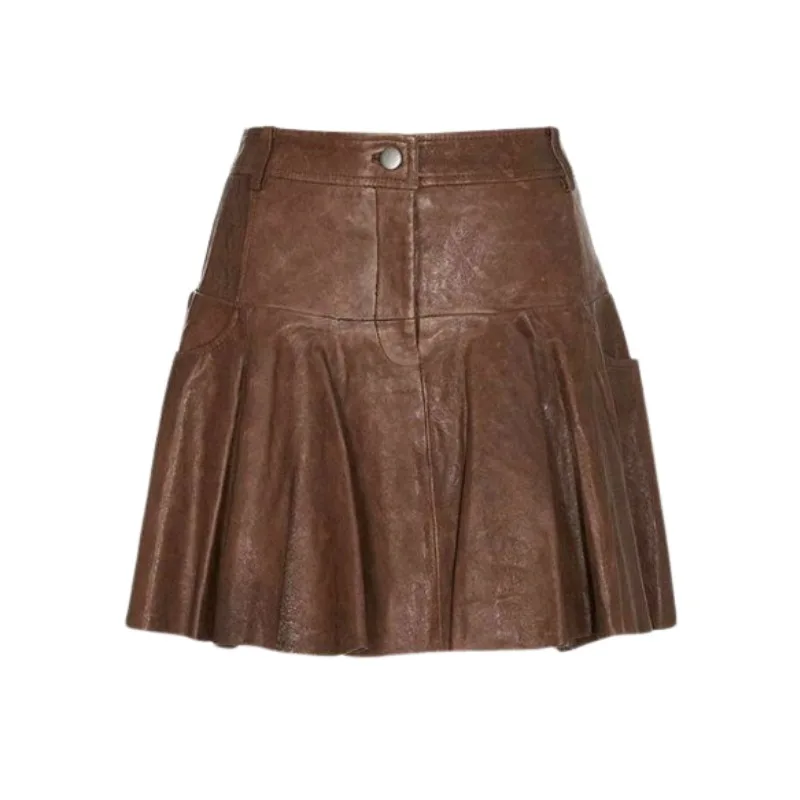 Women Genuine Lambskin Leather Skirt Handmade Brown Outdoor Stylish