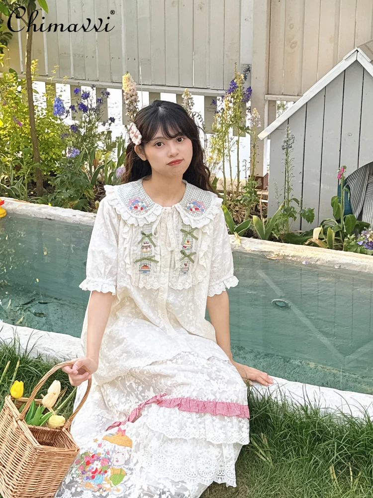 

Sweet Girl Green Plaid Embroidery Doll Collar Short Sleeve Shirt 2025 Autumn Ribbon Bow Loose Doll Shirt Temperament Women's Top