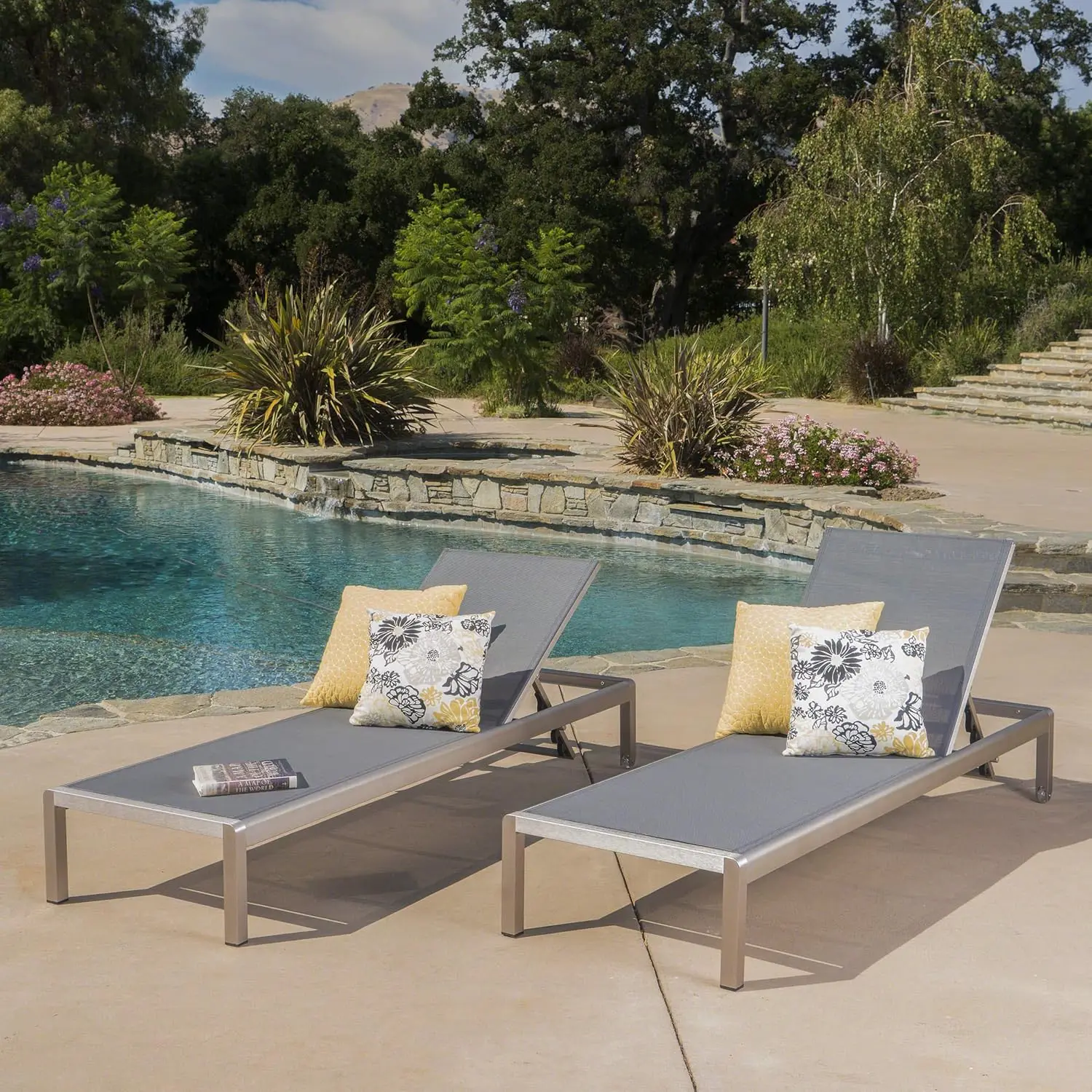 Christopher Knight Home Cape Coral Outdoor Mesh Chaise Lounges, 2-Pcs Set, Dark Grey / Silver